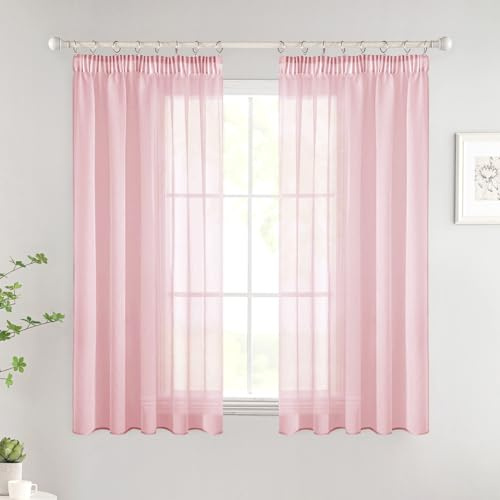 Woaboy Gardinen mit Kräuselband Kurz Voile 2er Set 140x145 cm Rosa | Vorhänge Wohnzimmer Transparent Sheer Curtains Stores Gardine Schlafzimmer Modern Schlaufengardinen