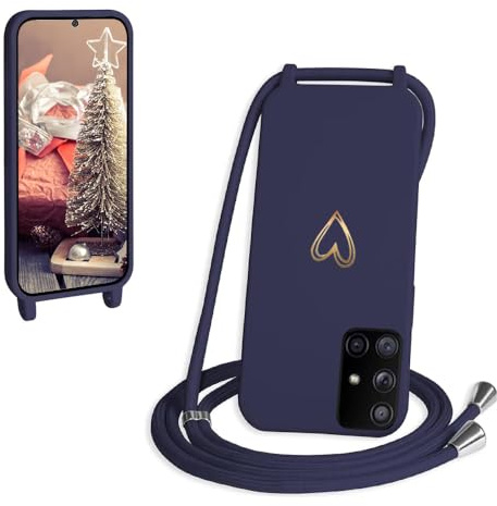 CaseLover Handyband für Samsung Galaxy A51 4G Hülle mit Band, Herz Muster Silikon Necklace Handyhülle mit Abnehmbar Kordel zum Umhängen Stossfest Bumper Handy Schutzhülle für Samsung A515F, Navy Blau