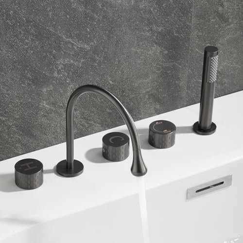 XJTNLB Rubinetto Vasca 5 Fori Rubinetto per Vasca con Doccetta Doppia Manopole Rotazione a 360° Miscelatore Doccia con Deviatore Grigio Canna Di Fucile