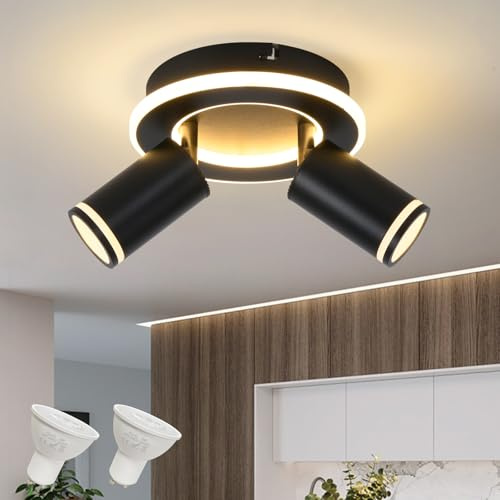 SANSHI Deckenleuchte 2 flammig LED,Schwenkbar Rund Deckenstrahler,Schwarz | Deckenlampe mit unteres Glühen 15W+2x5W GU10 Spots,Modern Deckenspot Strahler 3000K,Spotlight Lampe für Wohnzimmer,Küche