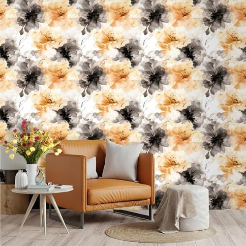 Selbstklebende Tapete Graue Orange Blüten Strukturtapete Wandtattoo Schlafzimmer Tapete Selbstklebend Vliestapete Wallpaper for Living Room Tapeten Leicht zu Entfernen Wandschutzfolie 45x300cm