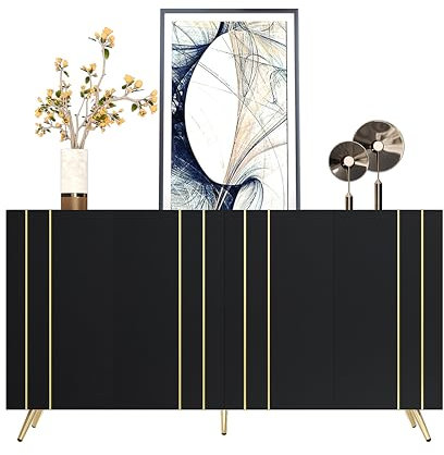 Azkoeesy Küchenschrank Sideboard 160 cm, Schwarz, Beistellschrank Buffet mit 4 Türen, Tischplatte mit Zauan, mit verstellbaren Regalen, Goldene Metallbeinen, für Wohn- und Esszimmer -WF194224227S