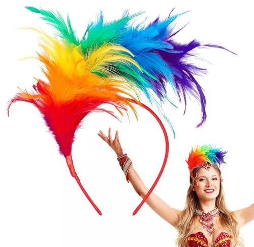 BETESSIN Regenbogen Feder Haarreif Karneval - Buntes Feder Stirnband - Papagei Kostüm Damen - Festival Kopfbedeckung für Regenbogen Kostüm Karneval, Fasching, Fasnacht, Mottoparty uvm.