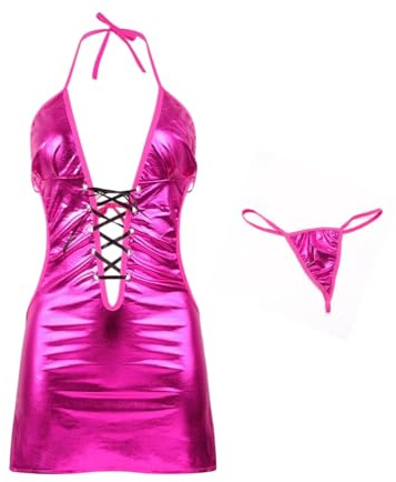 GIVTULIP Women’s Sexy Faux Leather Mini Dress Straps Lingerie Wet Look Backless Clubbing Bodycon Dress Shiny Metallic Slim Fit Nightwear Hollow-Out Party Cocktail Short Skirt Nightdress Clubwear