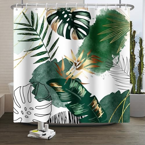 Xiaoterna Boho Kokosnussbäume Duschvorhang Abstrakte Palmenblätter Tropische Monstera Badvorhang Grün Goldene Blätter Botanische Pflanze Duschvorhang schimmelpilzresistenter Stoff 120x200cm