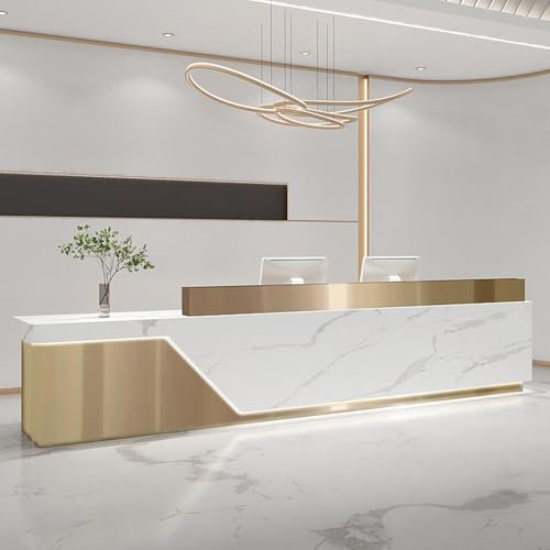 Empfangstresen an der Rezeption, Verhandlungstisch, Tresentisch aus Steinplatte und Goldener Platte, mit LED-Licht, Empfangstisch für den Empfangsraum, Keine Installation erforderl