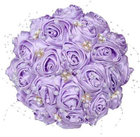 Wjnvfioo Ramo de rosas para novia, romántico, accesorios de perlas hechas a mano, flores artificiales, ramo de novia, color lila, 25 cm de diámetro