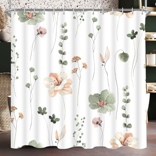 Lerores Duschvorhang 150x200 cm Salbei Grün Blume,Beschwerter Saum Antischimmel,Wasserabweisend, Waschbar Polyester Badevorhänge mit 8 Ösen und Duschvorhangringe für Badezimmer,Badewanne