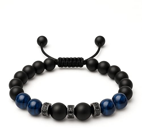 Ovyntremis Bracelet de 8 mm pour homme, design œil de tigre bleu, bracelet en corde tressée élastique fait main, bracelet de perles pour le bonheur et la prospérité, avec élégante boîte cadeau
