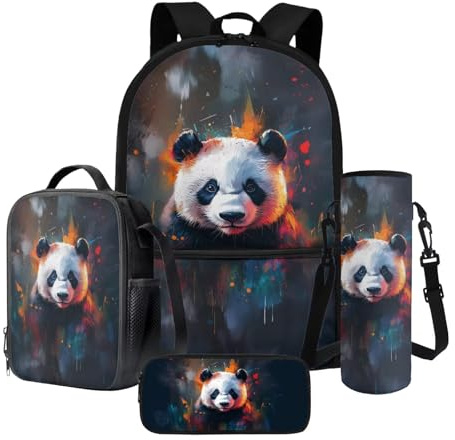 LACIYISON Paint Splatter Panda Print Backpack Set with Lunch Bag Water Bottle Bag Pencil Box School Bookbags Set for Boys Secondary Primary Middle School
