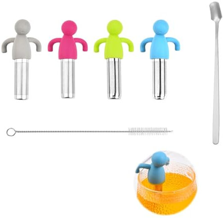4 filtros de té de acero inoxidable, colador de té humanoide para té suelto, infusor de té divertido con cuchara y cepillo, filtro de té creativo con mango de silicona, filtro de té para tazas, filtro