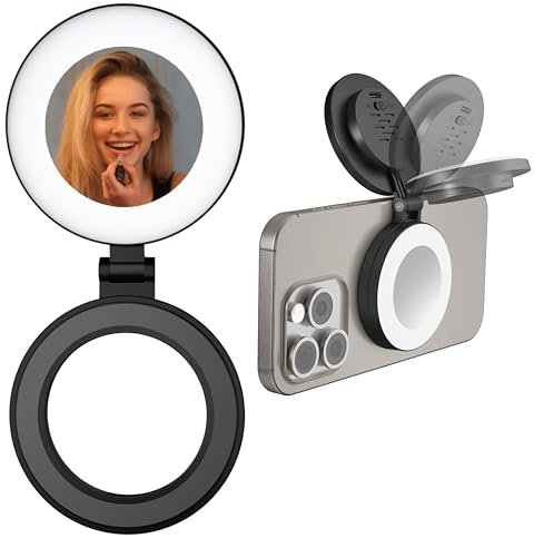 Magnetic Ring Light with Mirror for Phones, 3 Color Modes & Touch Control, Rechargeable Selfie Light with Type-C Port & Universal Metal Ring Adapter, Works with All Smartphones, Black