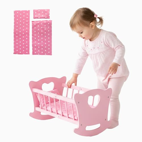 Kinderplay Holz Puppenwiege mit Bettwäsche – Schaukelbett für Puppen bis 49,5 cm – Nachhaltiges Holzspielzeug für Mädchen ab 3 Jahren – Puppenbett mit Matratze, Kissen & Decke