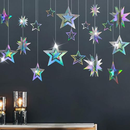 Vsosfiza 14-teilige Regenbogen-Sterngirlande mit 3D-Effekt (1,7m) - Holografische Weihnachtsdeko für Fenster, Türen & Party-Hintergrund (Glitzer-Design)