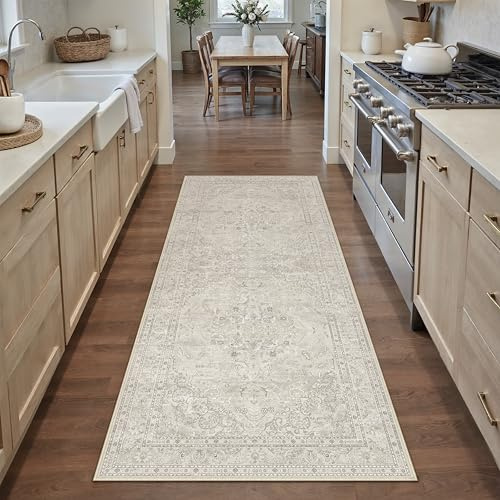PureCozy Beige 2x6 Runner Rug Washable Vintage Long Carpet for Hallway Kitchen Soft Retro Floral Low Pile Indoor Runner Non Slip Central Medallion Throw Rug for Bathroom Bedroom Laundry Dining Room