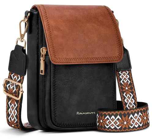 RAINSMORE Cross Body Bag Women PU Leather Phone Bag Small Women's Cross-body Bags Shoulder Bags Handbag Purses for Women Crossbody with Card Slots, Multiple Pockets Black and Brown