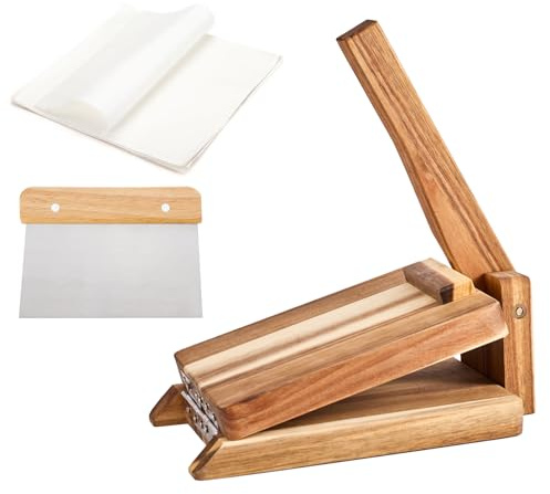 WGLILO Wood Tortilla Press for Roti Burrito, Large Mexican Flour Tortillera, with 50pcs Parchment Paper & Stainless Steel Dough Scraper, Presser Homemade for Tacos, Pataconera, 8 inch