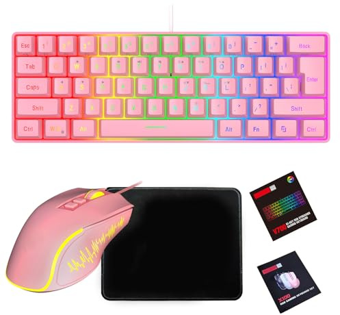 Lazmin112 Combinazione Tastiera e Mouse da Gioco RGB, Tastiera Meccanica Ergonomica con Retroilluminazione Personalizzabile, Ottica Ad Alta Precisione, Include Tappetino per Mouse (Set rosa)