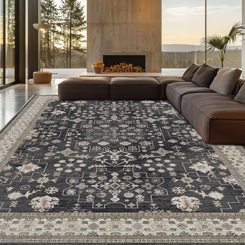 shinefly 8x10 Washable Area Rugs for Living Room, Non-Slip Stain Resistant Soft Vintage Extra Large Area Rug, Low Pile Indoor Boho Rug for Bedroom Dining Room Farmhouse (Charcoal Blush Ivory)