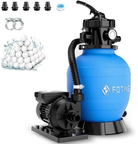 FOTING Depuradora de Arena 9.000 L/h, Filtro de Piscina con Bomba, Válvula de 7 Vías con Manómetro, Adaptador Ø32-38 mm,200 g de Bolas Filtrantes Incluidas