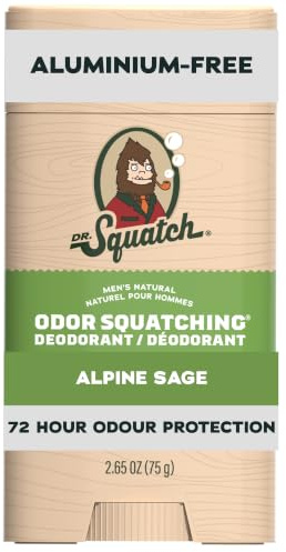 Dr. Squatch Natural Men’s Deodorant – Aluminium Free Natural Deodorant Men with Charcoal & Postbiotics for 72-Hour Odor Protection – Alpine Sage, 75g