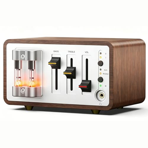 RKXKJ Tube Phono Preamp, Mm/mc Turntable Preamplifier, With Headphone Amp, Bass Treble Tone Control, Vintage Vacuum Tube Stage, Power-off Memory, For Vinyl Record Players