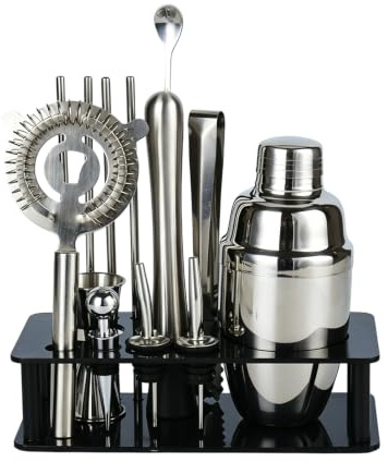 Juego de 14 piezas de cóctel con soporte, juego de barman de acero inoxidable con coctelera de 550 ml, juego de accesorios para bar en casa, fiesta y hogar, juego de herramientas con almacenamiento