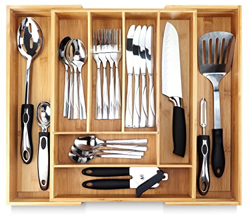 PRISTINE BAMBOO Silverware Tray for Drawer Organizer,Kitchen Drawer Organizer,Cutlery Organizer in Drawer, Flatware Silverware Holder, Expandable Adjustable Wooden Dividers (8-slots)