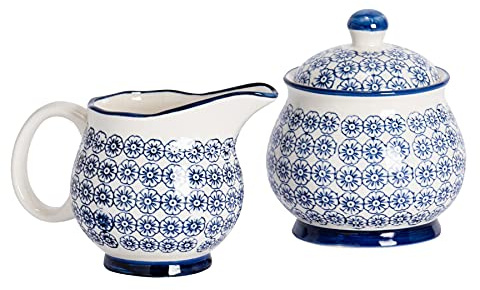 Nicola Spring Hand-Printed Milk & Sugar Set - 300ml - Navy Decorative Porcelain Dishwasher Safe Floral Pattern Milk Jug and Sugar Storage Container Set