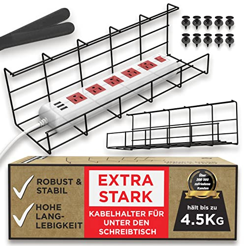 Bandeja Organizadora Cables para Debajo de la Mesa o Escritorio – Organiza sin Nudos los Cables de tu Ordenador - Para Hogar u Oficina (Negro - Set de 2x 40,5cm)