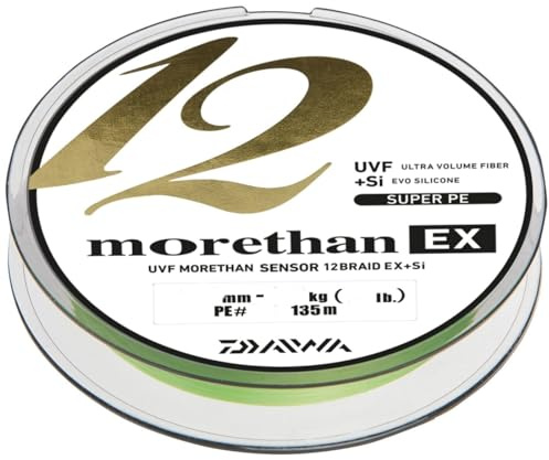 Daiwa Morethan 12 Braid EX+SI, 135 mètres, 0,16mm, 14/30,86lbs, Vert Citron, Fil de Pêche, Ligne Tressée Ronde, 12695016