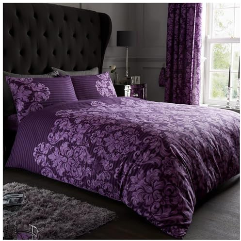 GC GAVENO CAVAILIA Printed Duvet Cover Sets, Reversible Bedding Bed Set, Polycotton Quilt Covers, Empire Damask Purple, Single, Single Duvet Set with Pillow Case