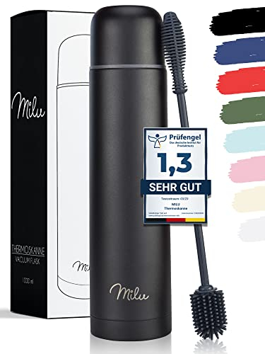 Milu Thermosflasche Thermoskanne Isolierflasche 1L, 750ml, 500ml - Isolierte Edelstahl Trinkflasche, 100% Auslaufsicher, Doppelwandisolierung (Schwarz, 750ml)