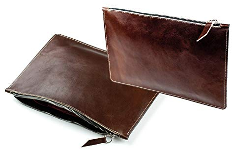 DELMON VARONE - Personalisierbare Banktasche mit Reißverschluss DIN A5 aus Anilin Vintage Leder Braun, Premium Geldtasche für Geldscheine, Münzen und Dokumente, Echtleder Geld Transport Tasche