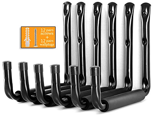 Wandhaken Garage Gummiert Haken, 6er Set Schwarz Unihaken Stahl 220 x 200 mm, Wandhalter Ordnungshelfer für Keller zur Aufbewahrung von Werkzeug, Fahrrädern, Gartengeräte, Surfbrett und Skier