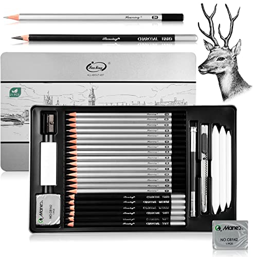 Surcotto Bleistift Set, 21 Bleistifte Set mit 1 Anspitzer 2 Radiergummis 1 Stift-Extender 3 Papierwischer, Professionelle Zeichenset für Anfänger, Metalletuis, Inhalt 10B - 4H, insg. 30 er