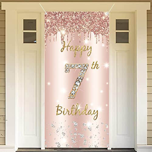 7. Geburtstag Mädchen Deko, Happy 7 Birthday Roségold Stoff Schild Plakat Türdekoration Banner, 7. Geburtstag Hintergrund Banner Geburtstagsfeier Deko