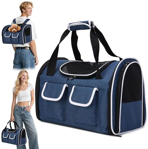 ALLSOPETS Faltbarer Katzenrucksack für große Katzen & kleine Hunde, Atmungsaktive Hundetragetasche mit herausnehmbarem Kissen & Taschen, Haustiertasche bis 10kg (Indigoblau, L)