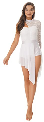 iEFiEL Damen Ballettkleid Ballettanzug mit Asymmetrisch Rock Swing Kleid Spitzen Ballett Trikot Lyrischer Tanzkleid Weiß Spitze S