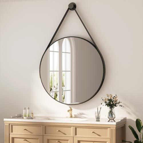 Heilmetz Spiegel Rund Schwarz Ø 80 cm, 1,7 m abnehmbares Band | Wandspiegel, Rundspiegel mit 4 mm kupferfreiem Silberspiegel, Sicherheitsfolie, mattschwarzem Eisenrahme