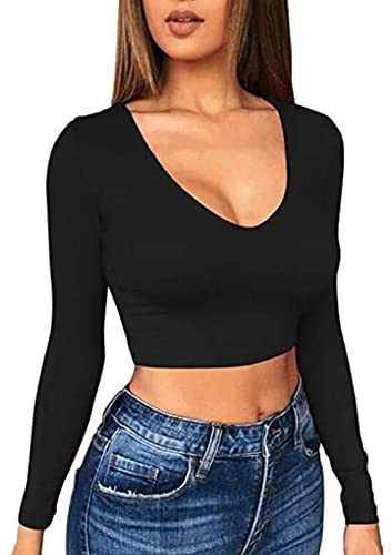 TOEECY Women's Long Sleeve Crop Tops Sexy Deep V Neck T Shirts Casual Bodycon Short Basic Tops Slim Fit Crop Top Tee Solid Tight Pullover