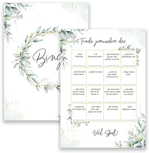 Klasse 50x Bingo Karten Party Geburtstags Geburtstag Jubiläum Hochzeitsbingo Hochzeit Grün Blätter witziges Hochzeitsspiele Hochzeitsspiel für Gäste Brautpaar Spiel Hochzeitsdekoration Hochzeitsfeier