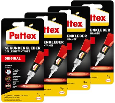 Pattex Sekundenkleber Flüssig, spülmaschinenfester Superkleber für viele Sofortreparaturen, schnelltrocknender farbloser Flüssigkleber, 4 x 3g