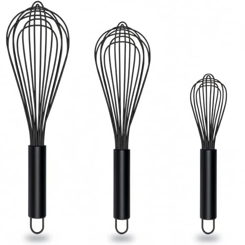 TEEVEA Silicone Whisk,Non Stick Kitchen Whisks for Cooking,Stainless Steel Metal Wire Silicone Rubber Coated Wisk,Heat Resistant & Non Scratch,Perfect for Eggs,Bread Wisking Tool Set of 3,Black