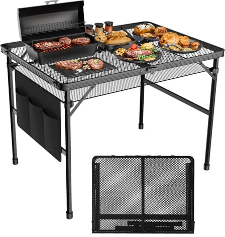 WildFinder 3x2 FT Folding Grill Table, Portable Camping Table for Outside, Adjustable Height Folding Table with Desktop & Mesh Bag, Lightweight Outdoor Table for Camping, Picnic, BBQ