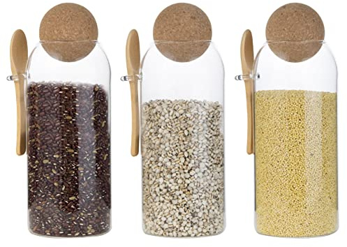 Eden & Willow Clear Glass Kitchen Jar with Cork Ball Lid and Bamboo Spoon | BPA-Free Mason Canister for Coffee, Beans, Spices, Dry Foods (Set of 3, 1.2L)