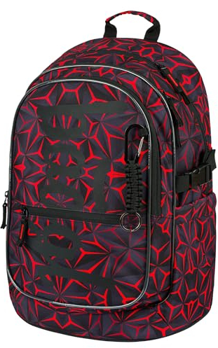 Baagl Schulrucksack für Jungen, Schulranzen für Kinder mit ergonomisch geformter Rücken, Brustgurt und reflektierende Elemente für Weiterführendeschule Mittelschule (Red Polygon)