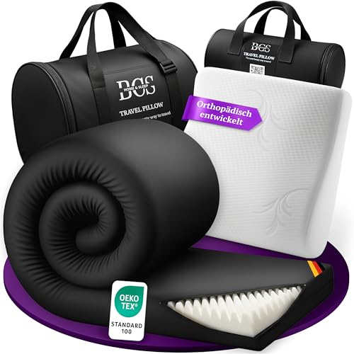 BCSHome | Set di 2 pezzi da viaggio e cuscino cervicale | Coprimaterasso in schiuma viscoelastica | Cuscino cervicale e topper per viaggio | Ergonomic Pillow Mattress Topper