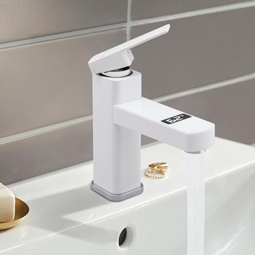 Waschbeckenarmatur G1/2 Küche Wasserhahn Armaturen bad, mit Digitale LED-Temperaturanzeige Waschbecken armatur, Mischbatterie, Badamatur für Waschbecken,bad (Weiß)