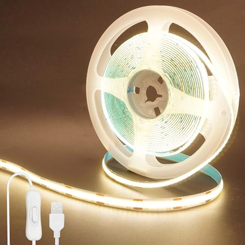 Clearhill 5V USB COB LED‑listor, 9,84FT / 3M, Naturvit 4000K, 320LEDs / M, 8mm bredd, Ej vattentät IP20, 1M USB‑kabel, Flexibel LED‑list för DIY‑inomhusdekoration